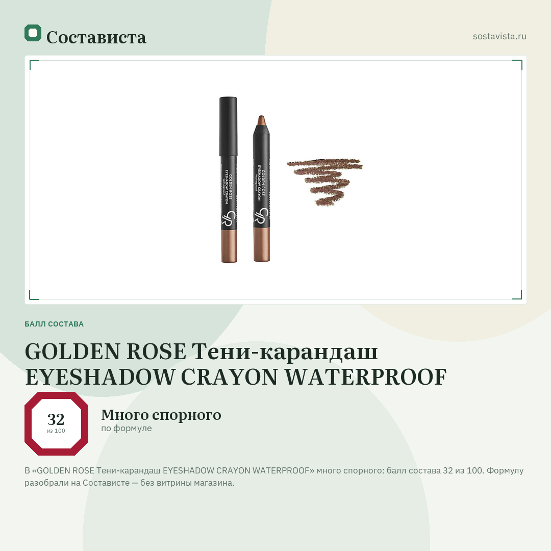 GOLDEN ROSE Тени-карандаш EYESHADOW CRAYON WATERPROOF: балл состава 32 из 100 — Состависта