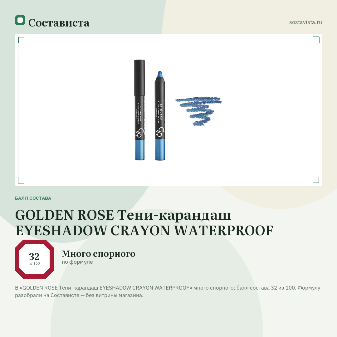 GOLDEN ROSE Тени-карандаш EYESHADOW CRAYON WATERPROOF: балл состава 32 из 100 — Состависта