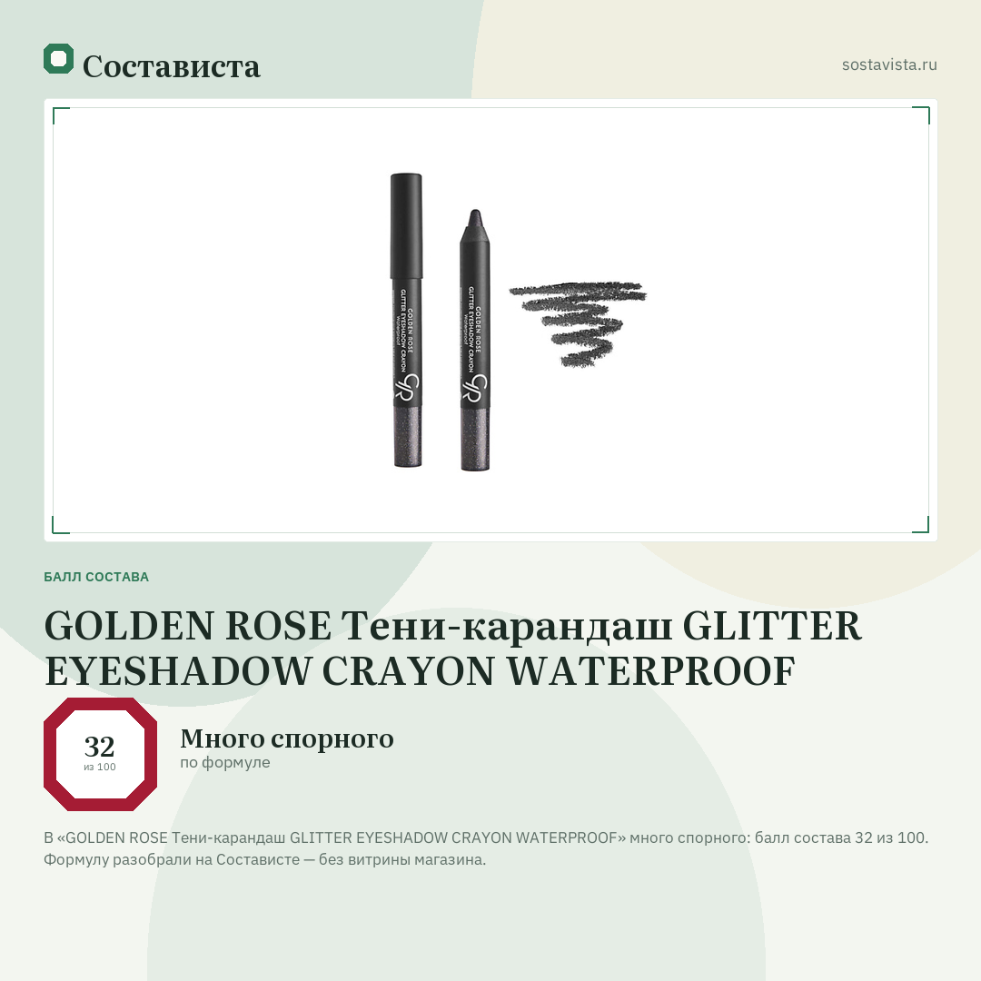 GOLDEN ROSE Тени-карандаш GLITTER EYESHADOW CRAYON WATERPROOF: балл состава 32 из 100 — Состависта