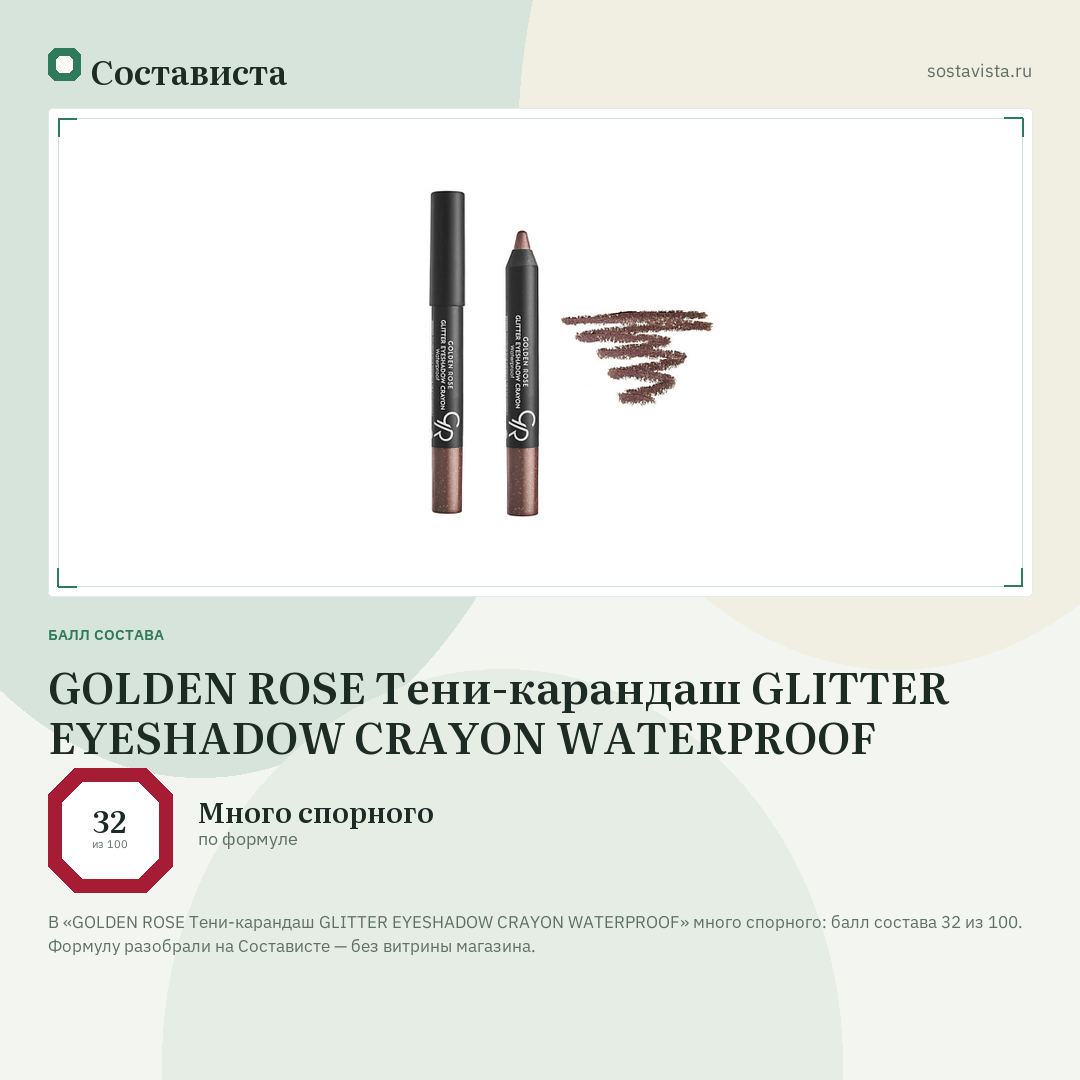 GOLDEN ROSE Тени-карандаш GLITTER EYESHADOW CRAYON WATERPROOF: балл состава 32 из 100 — Состависта