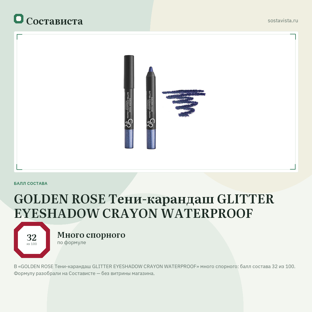 GOLDEN ROSE Тени-карандаш GLITTER EYESHADOW CRAYON WATERPROOF: балл состава 32 из 100 — Состависта