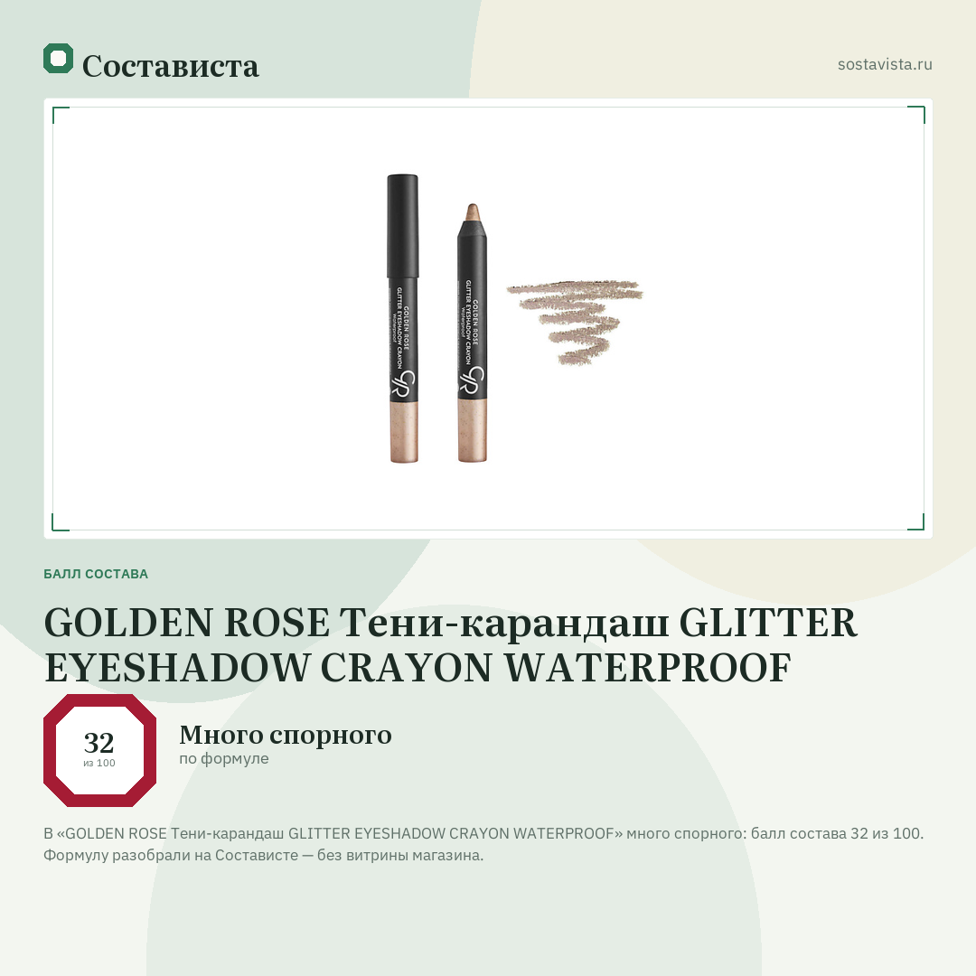 GOLDEN ROSE Тени-карандаш GLITTER EYESHADOW CRAYON WATERPROOF: балл состава 32 из 100 — Состависта