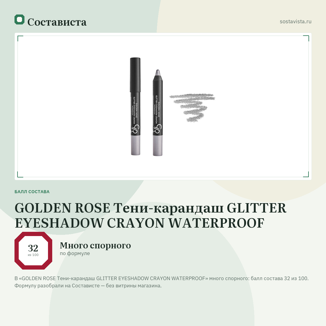 GOLDEN ROSE Тени-карандаш GLITTER EYESHADOW CRAYON WATERPROOF: балл состава 32 из 100 — Состависта