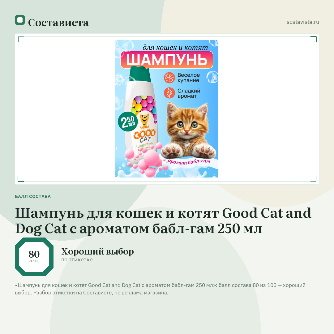 Шампунь для кошек и котят Good Cat and Dog Cat с ароматом бабл-гам 250 мл: балл состава 80 из 100 — Состависта