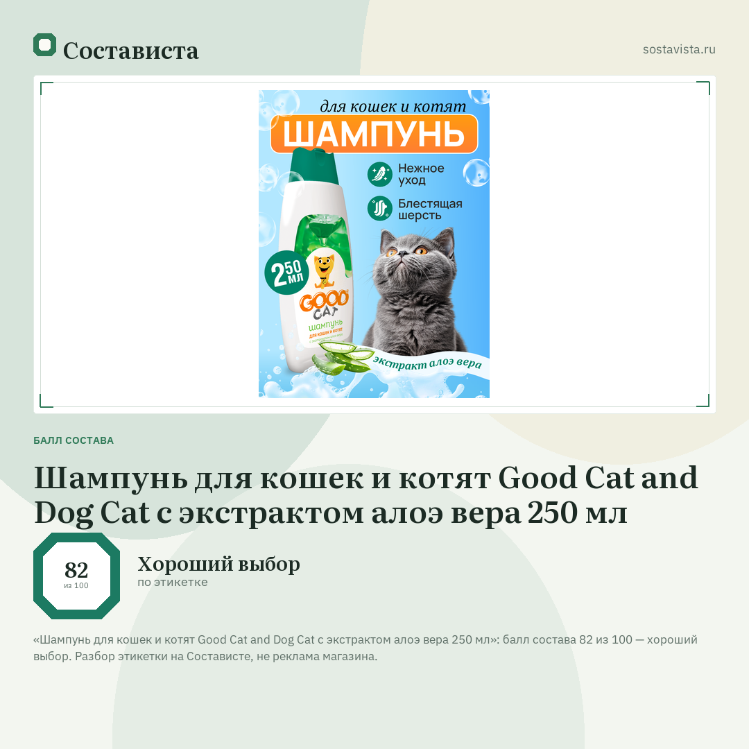 Шампунь для кошек и котят Good Cat and Dog Cat с экстрактом алоэ вера 250 мл: балл состава 82 из 100 — Состависта