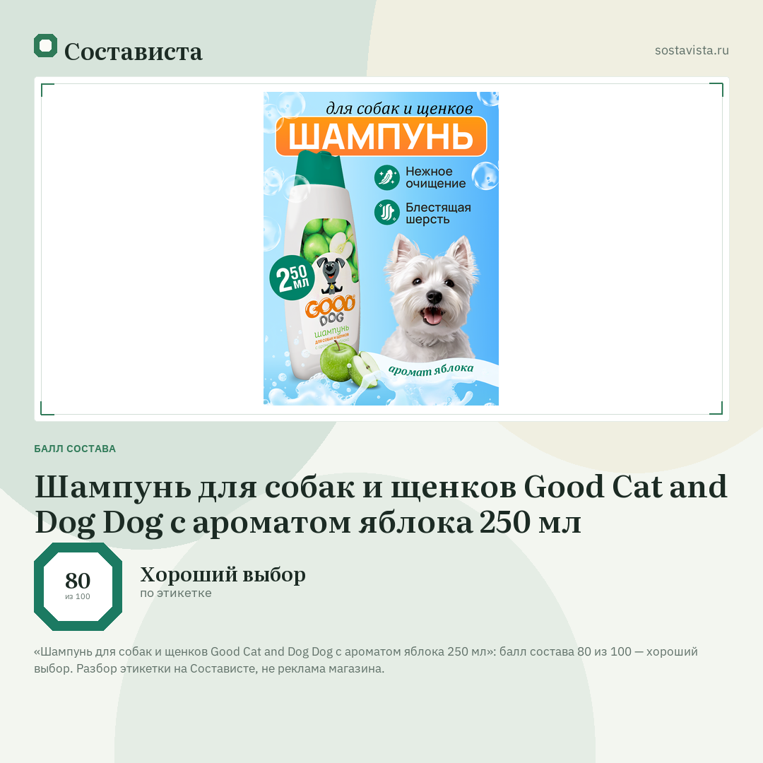 Шампунь для собак и щенков Good Cat and Dog Dog с ароматом яблока 250 мл: балл состава 80 из 100 — Состависта