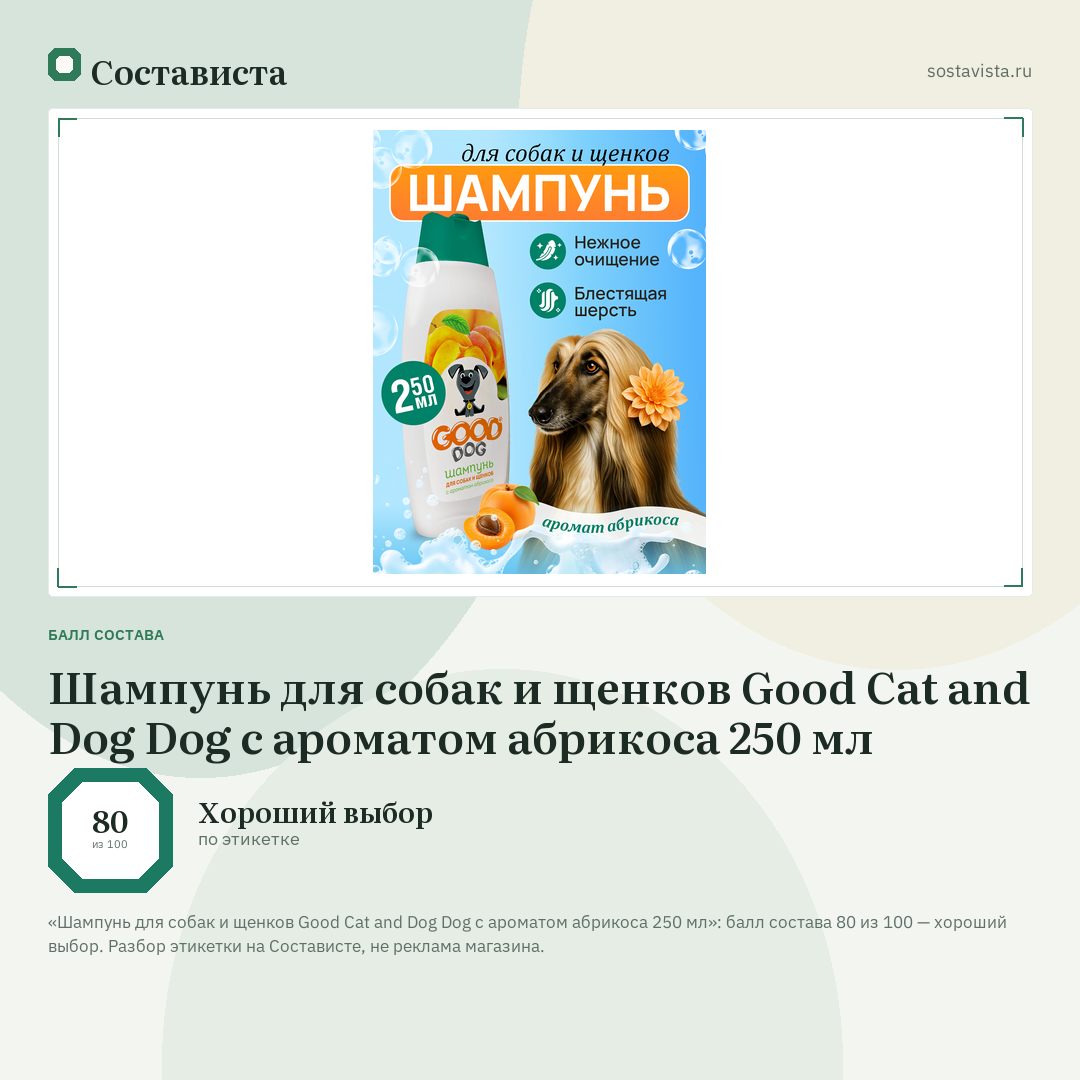 Шампунь для собак и щенков Good Cat and Dog Dog с ароматом абрикоса 250 мл: балл состава 80 из 100 — Состависта
