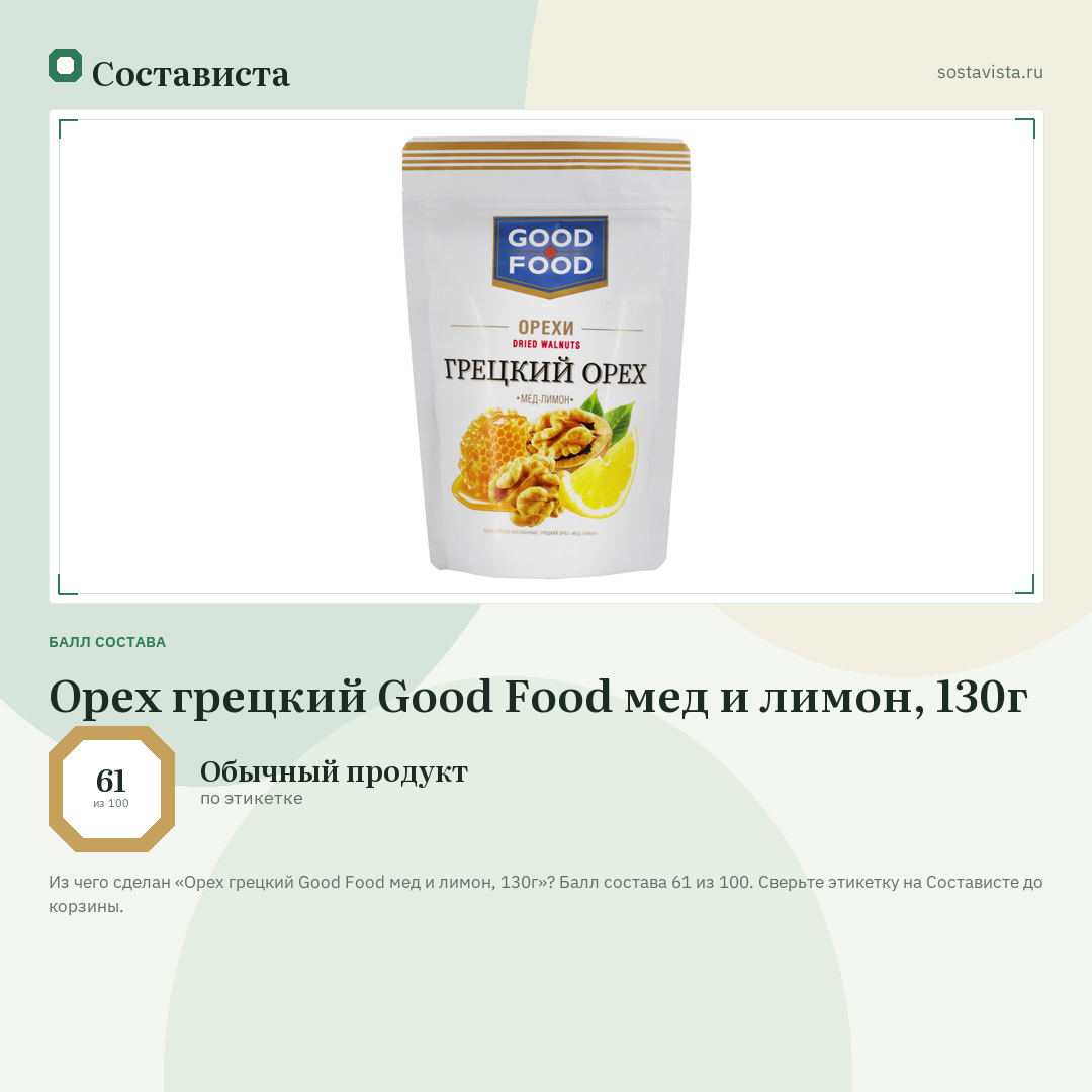 Орех грецкий Good Food мед и лимон, 130г: балл состава 61 из 100 — Состависта