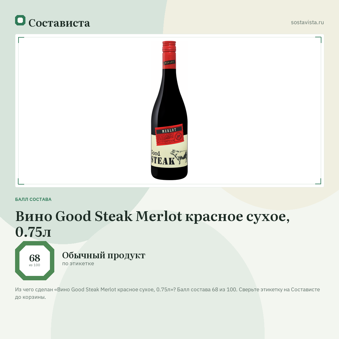 Вино Good Steak Merlot красное сухое, 0.75л: балл состава 68 из 100 — Состависта