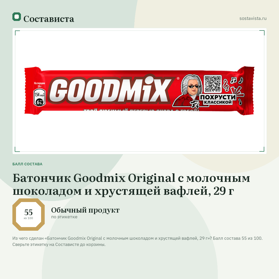 Батончик Goodmix Original с молочным шоколадом и хрустящей вафлей, 29 г: балл состава 55 из 100 — Состависта