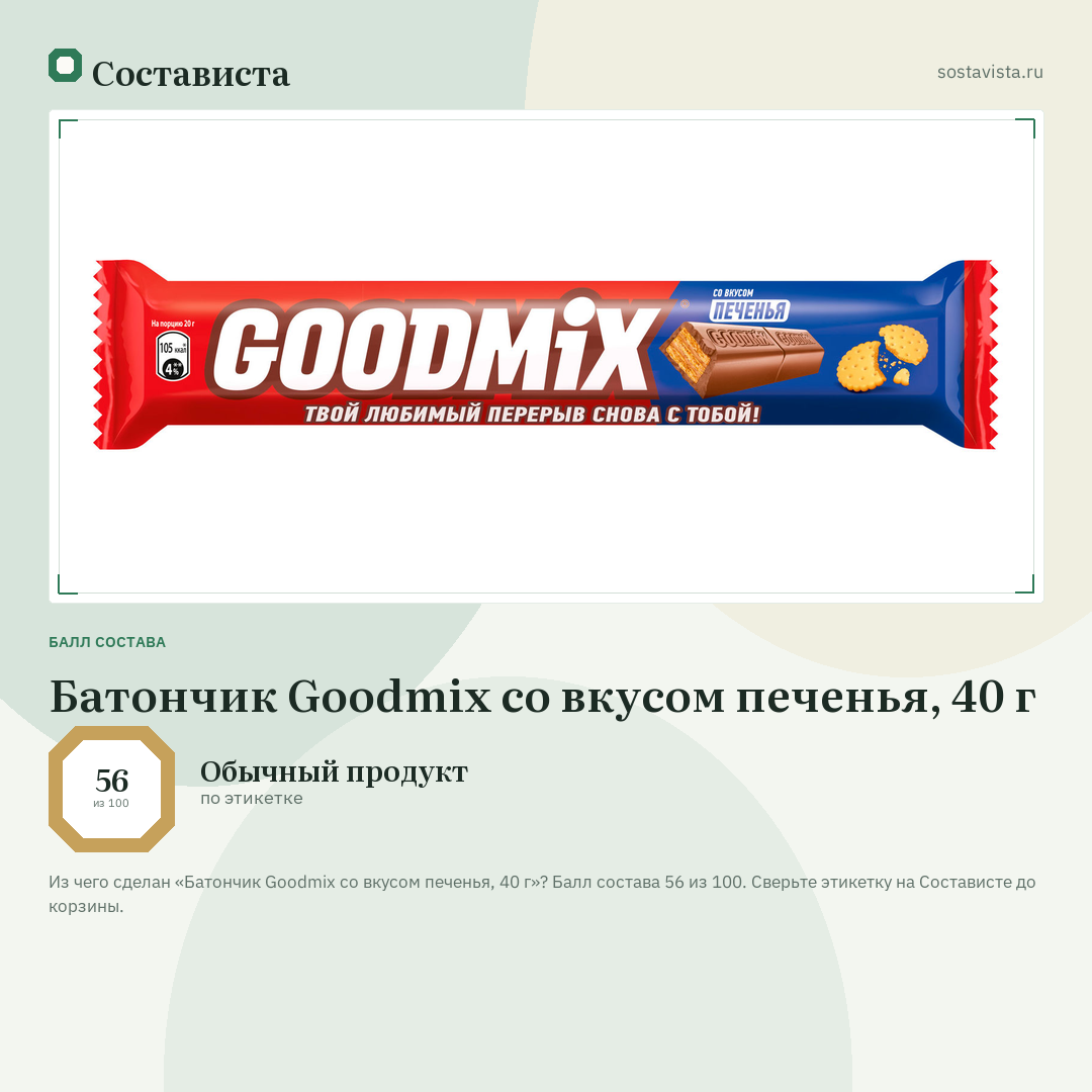 Батончик Goodmix со вкусом печенья, 40 г: балл состава 56 из 100 — Состависта
