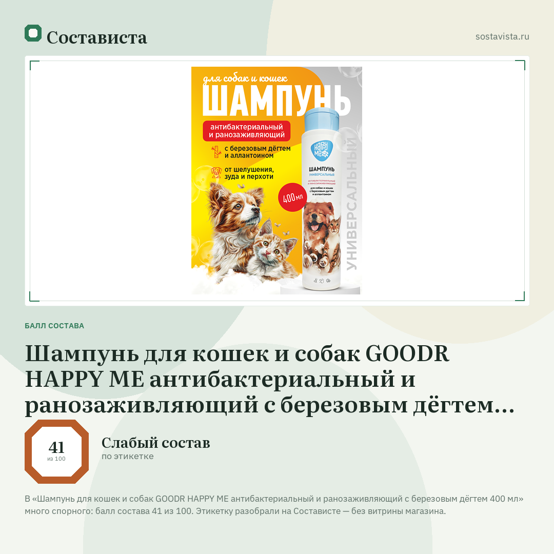 Шампунь для кошек и собак GOODR HAPPY ME антибактериальный и ранозаживляющий с березовым дёгтем 400 мл: балл состава 41 из 100 — Состависта