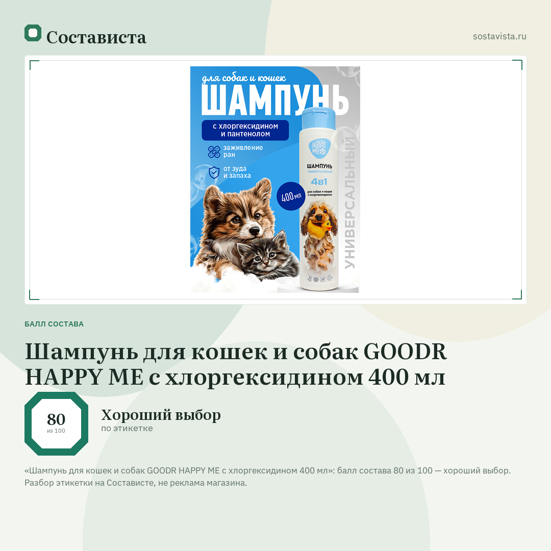 Шампунь для кошек и собак GOODR HAPPY ME с хлоргексидином 400 мл: балл состава 80 из 100 — Состависта