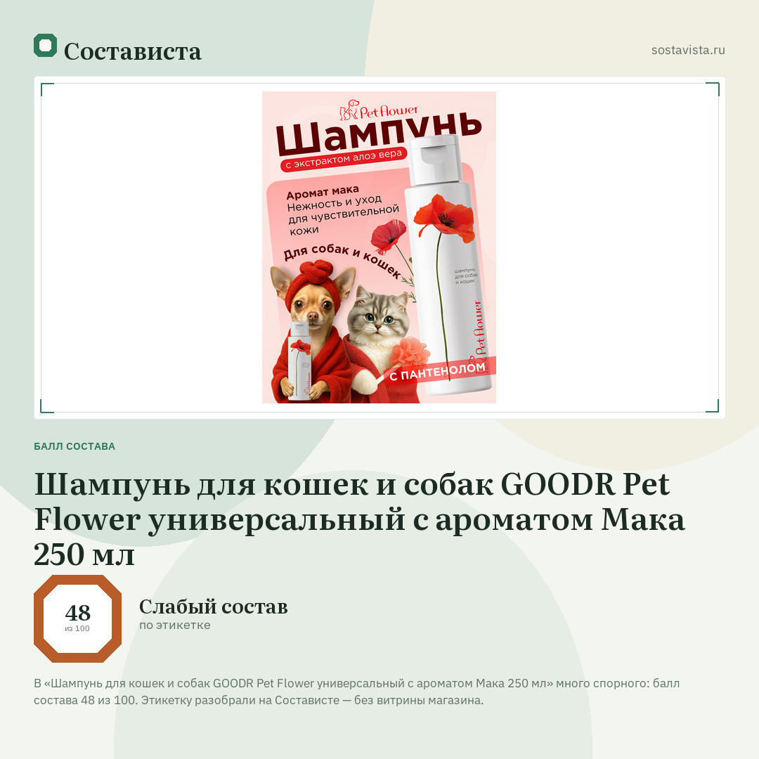Шампунь для кошек и собак GOODR Pet Flower универсальный с ароматом Мака 250 мл: балл состава 48 из 100 — Состависта