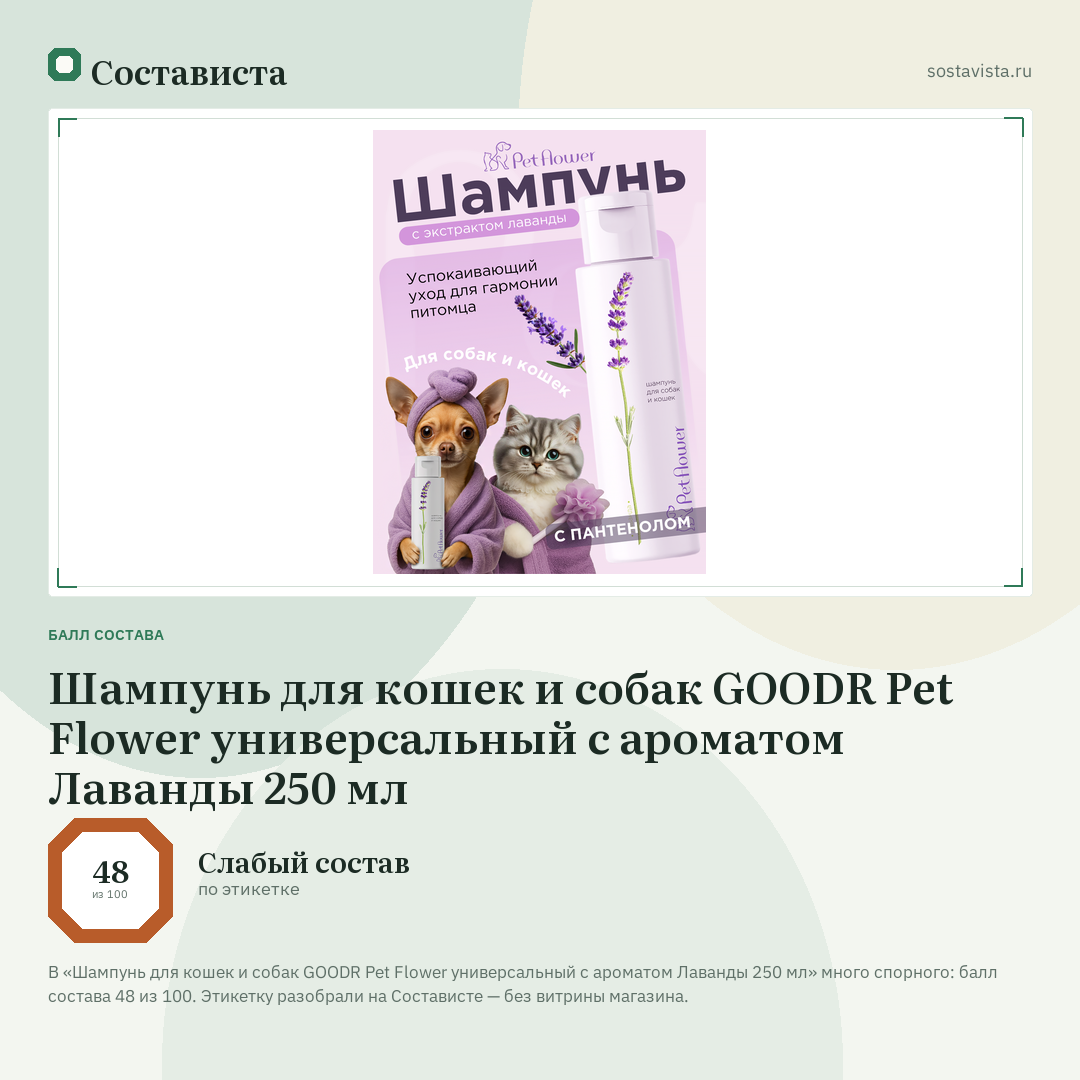 Шампунь для кошек и собак GOODR Pet Flower универсальный с ароматом Лаванды 250 мл: балл состава 48 из 100 — Состависта