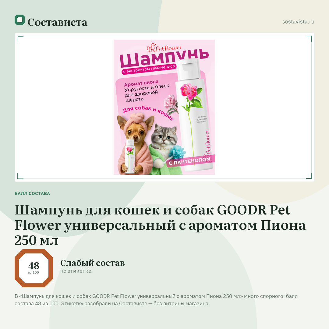 Шампунь для кошек и собак GOODR Pet Flower универсальный с ароматом Пиона 250 мл: балл состава 48 из 100 — Состависта