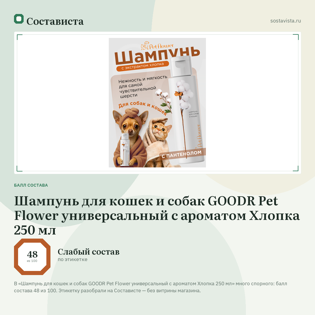 Шампунь для кошек и собак GOODR Pet Flower универсальный с ароматом Хлопка 250 мл: балл состава 48 из 100 — Состависта