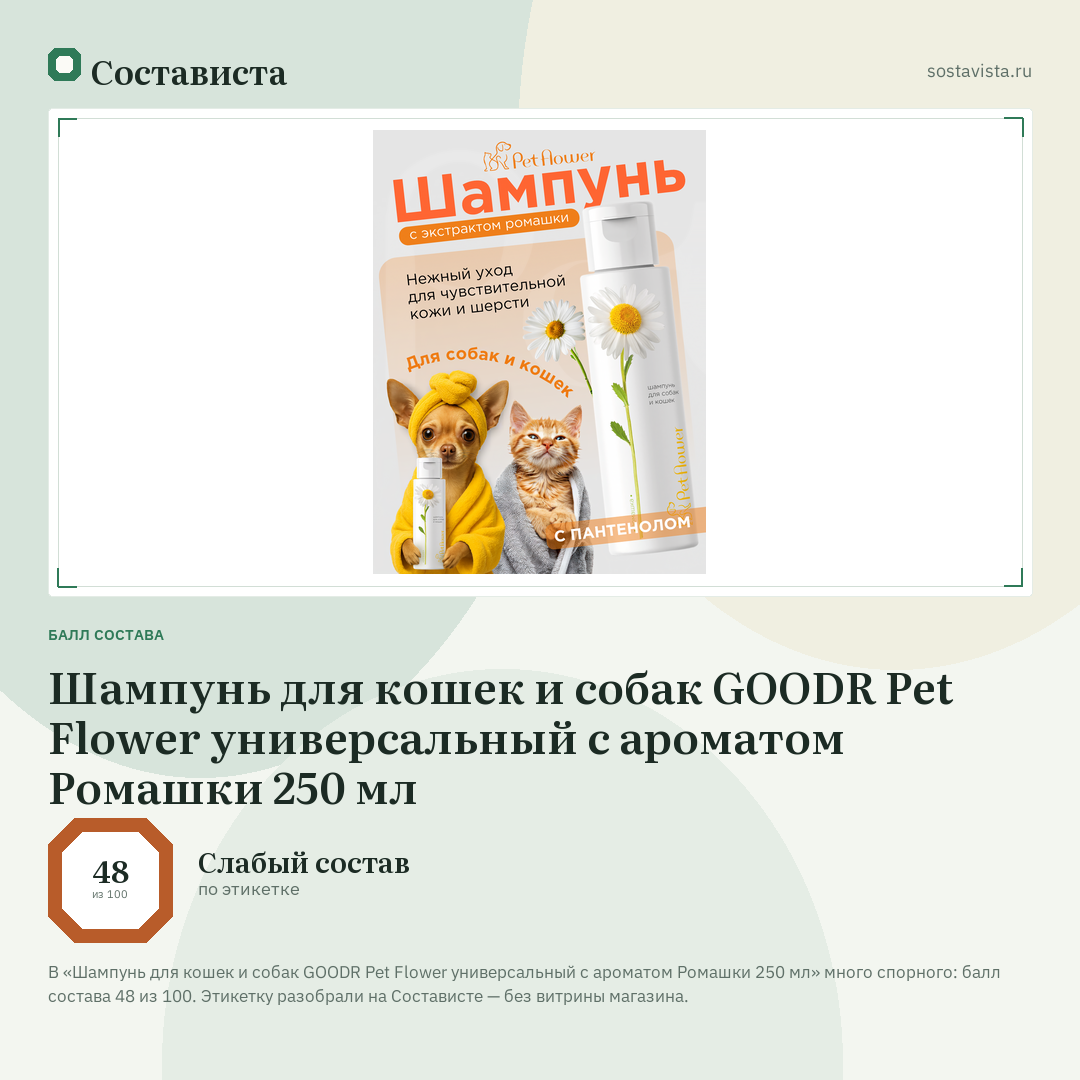 Шампунь для кошек и собак GOODR Pet Flower универсальный с ароматом Ромашки 250 мл: балл состава 48 из 100 — Состависта