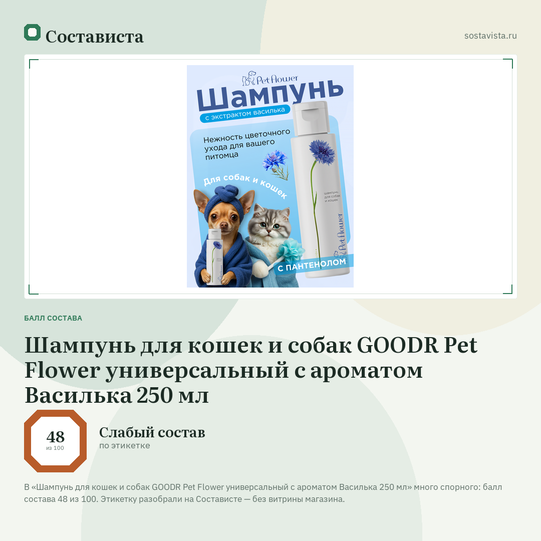 Шампунь для кошек и собак GOODR Pet Flower универсальный с ароматом Василька 250 мл: балл состава 48 из 100 — Состависта