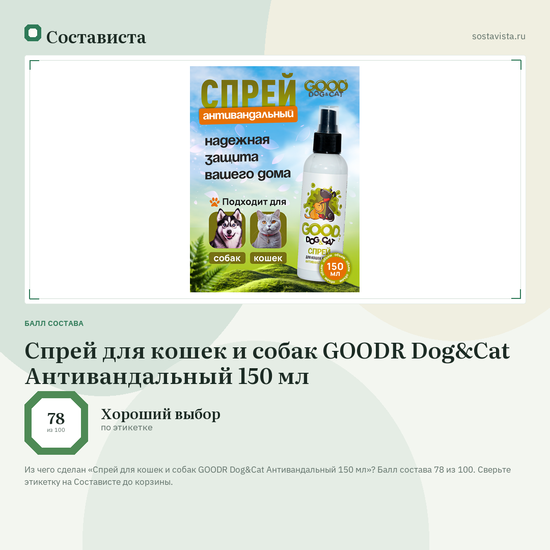 Спрей для кошек и собак GOODR Dog&Cat Антивандальный 150 мл: балл состава 78 из 100 — Состависта