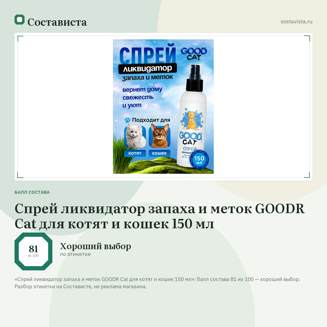 Спрей ликвидатор запаха и меток GOODR Cat для котят и кошек 150 мл: балл состава 81 из 100 — Состависта
