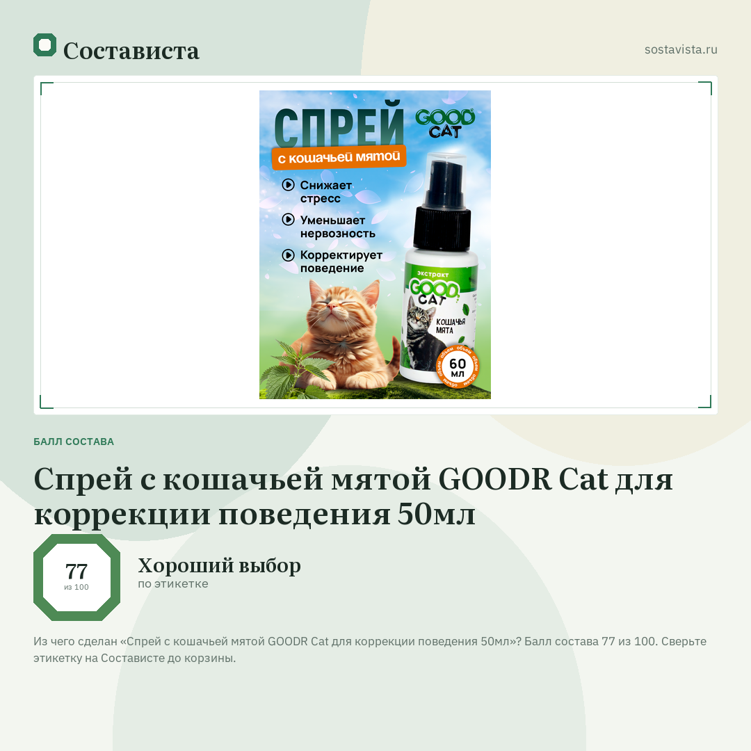 Спрей с кошачьей мятой GOODR Cat для коррекции поведения 50мл: балл состава 77 из 100 — Состависта