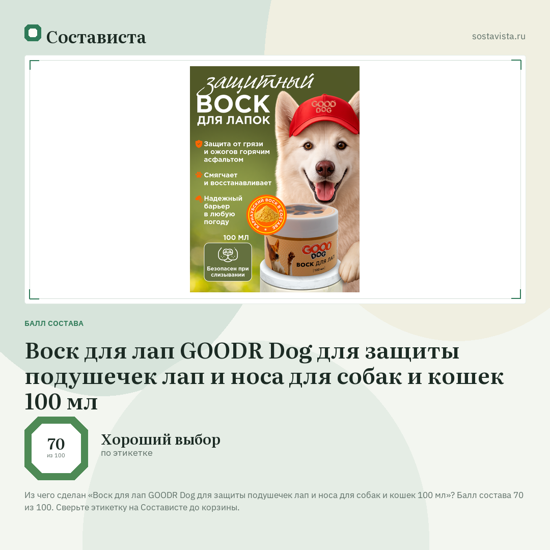 Воск для лап GOODR Dog для защиты подушечек лап и носа для собак и кошек 100 мл: балл состава 70 из 100 — Состависта