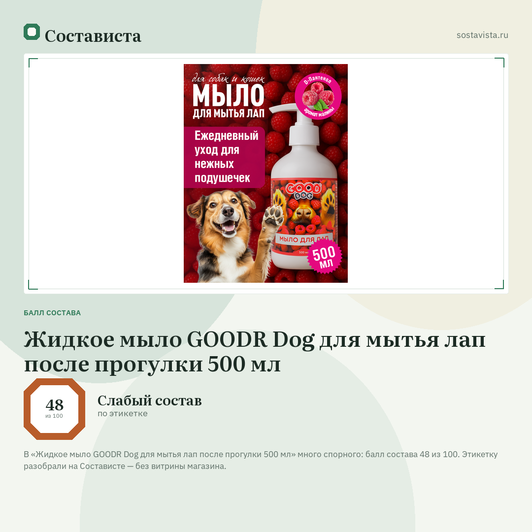 Жидкое мыло GOODR Dog для мытья лап после прогулки 500 мл: балл состава 48 из 100 — Состависта