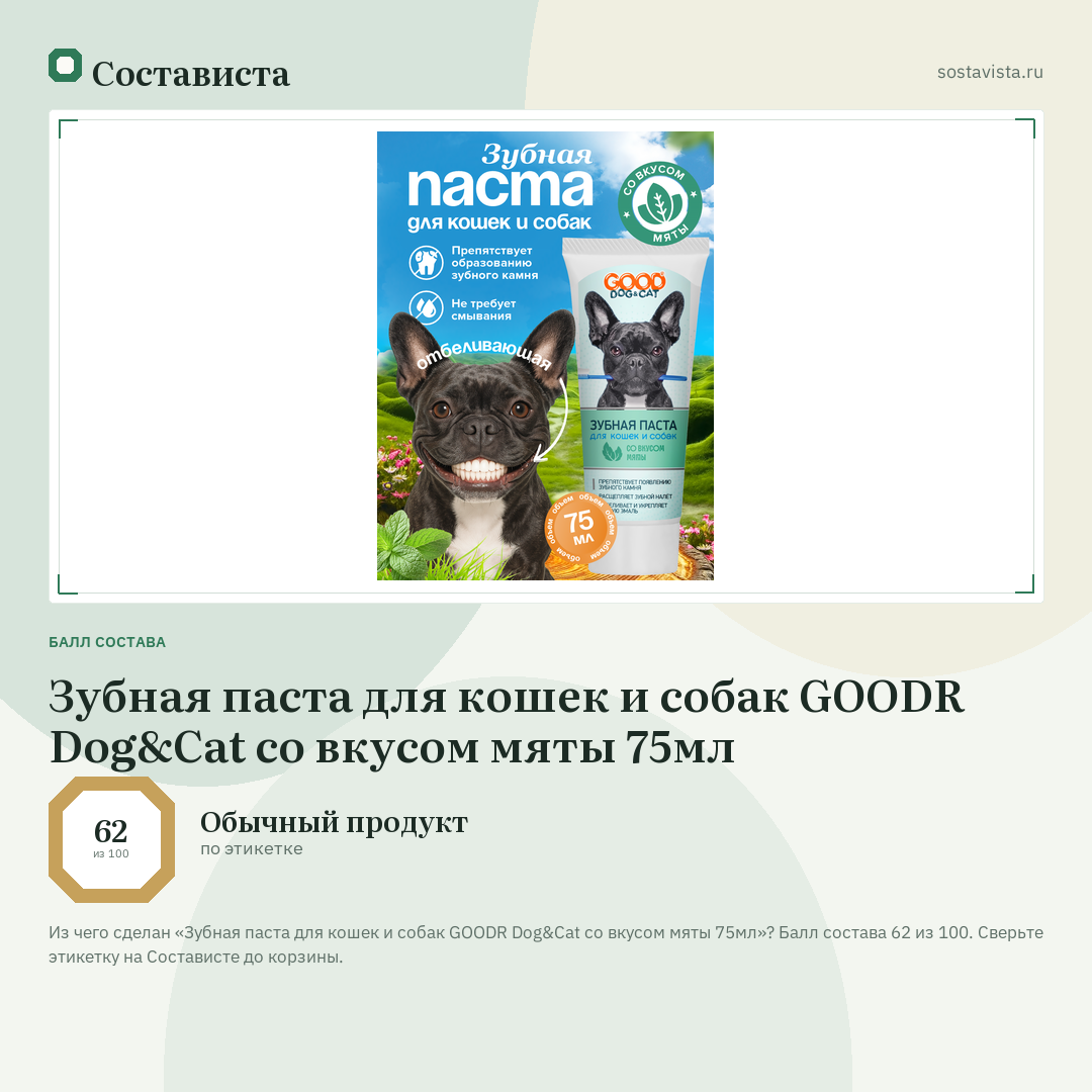 Зубная паста для кошек и собак GOODR Dog&Cat со вкусом мяты 75мл: балл состава 62 из 100 — Состависта