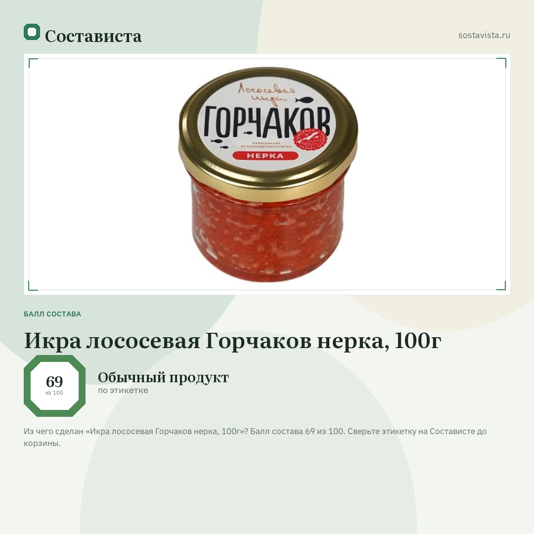 Икра лососевая Горчаков нерка, 100г: балл состава 69 из 100 — Состависта
