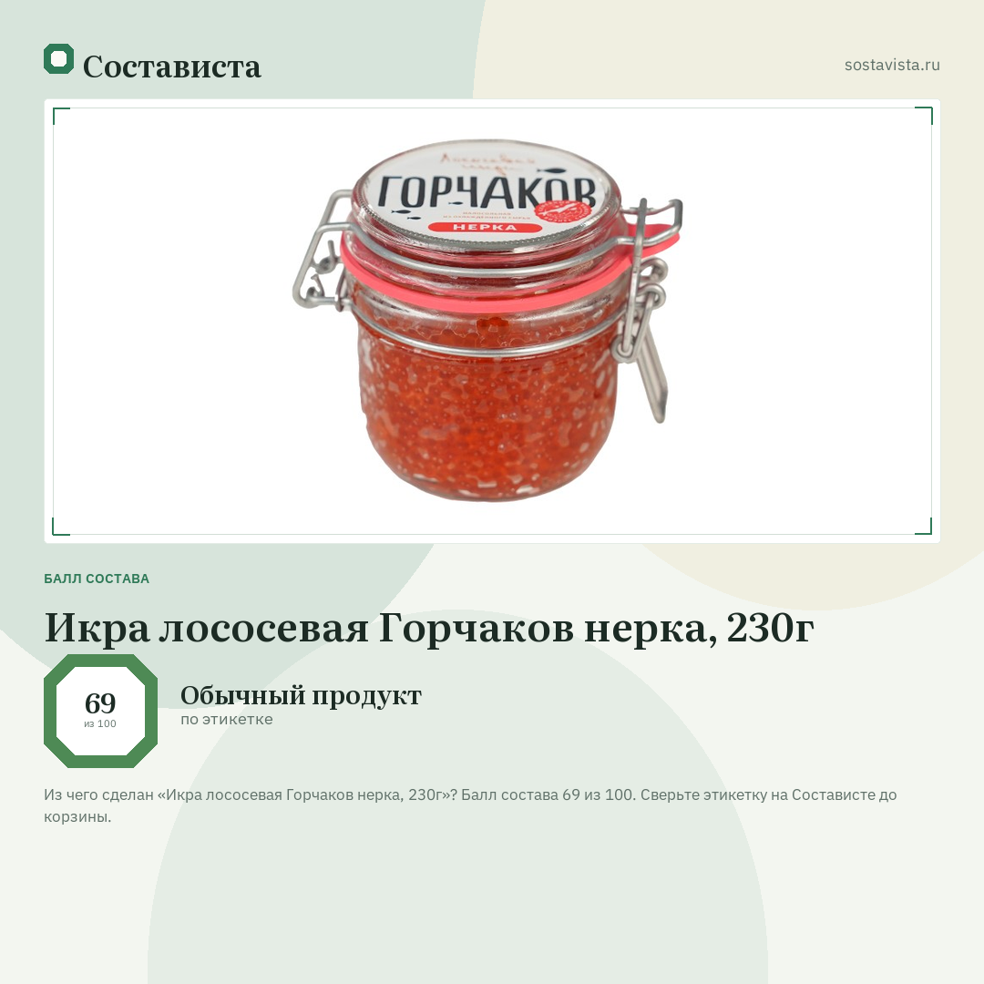 Икра лососевая Горчаков нерка, 230г: балл состава 69 из 100 — Состависта