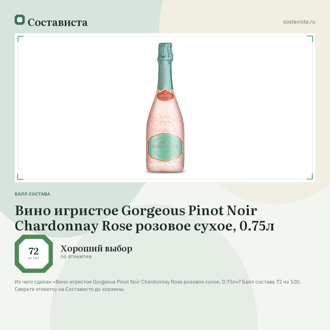 Вино игристое Gorgeous Pinot Noir Chardonnay Rose розовое сухое, 0.75л: балл состава 72 из 100 — Состависта