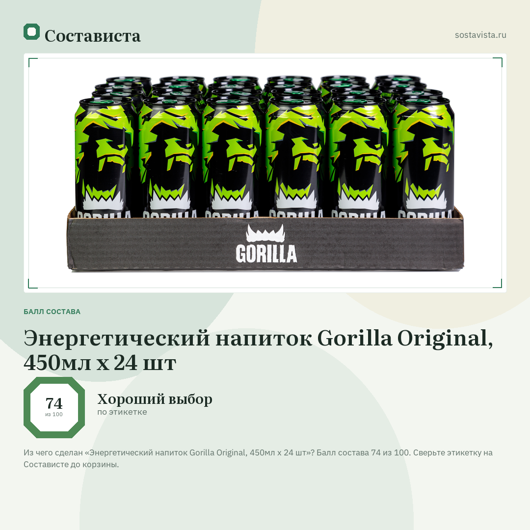 Энергетический напиток Gorilla Original, 450мл x 24 шт: балл состава 74 из 100 — Состависта