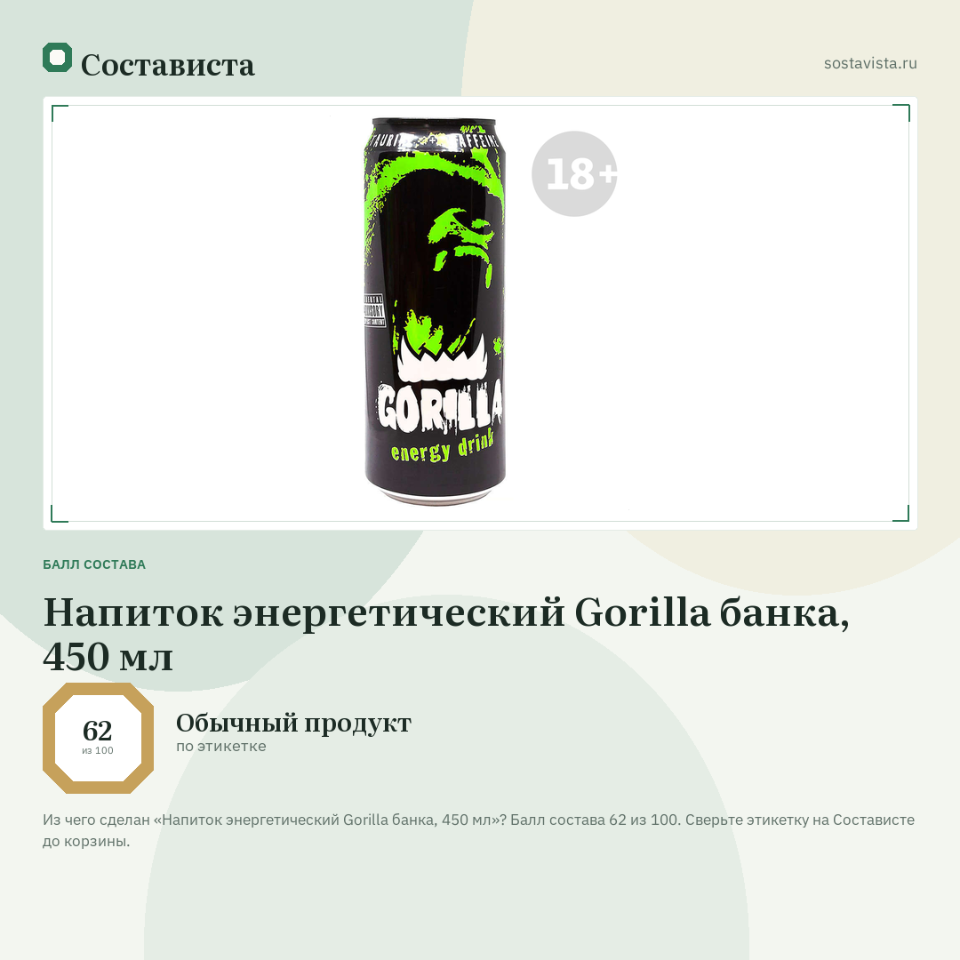 Напиток энергетический Gorilla банка, 450 мл: балл состава 62 из 100 — Состависта