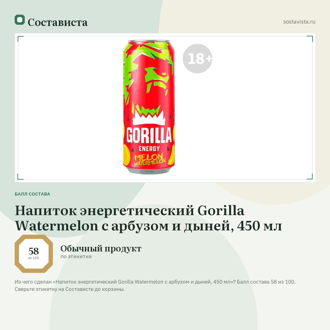 Напиток энергетический Gorilla Watermelon с арбузом и дыней, 450 мл: балл состава 58 из 100 — Состависта