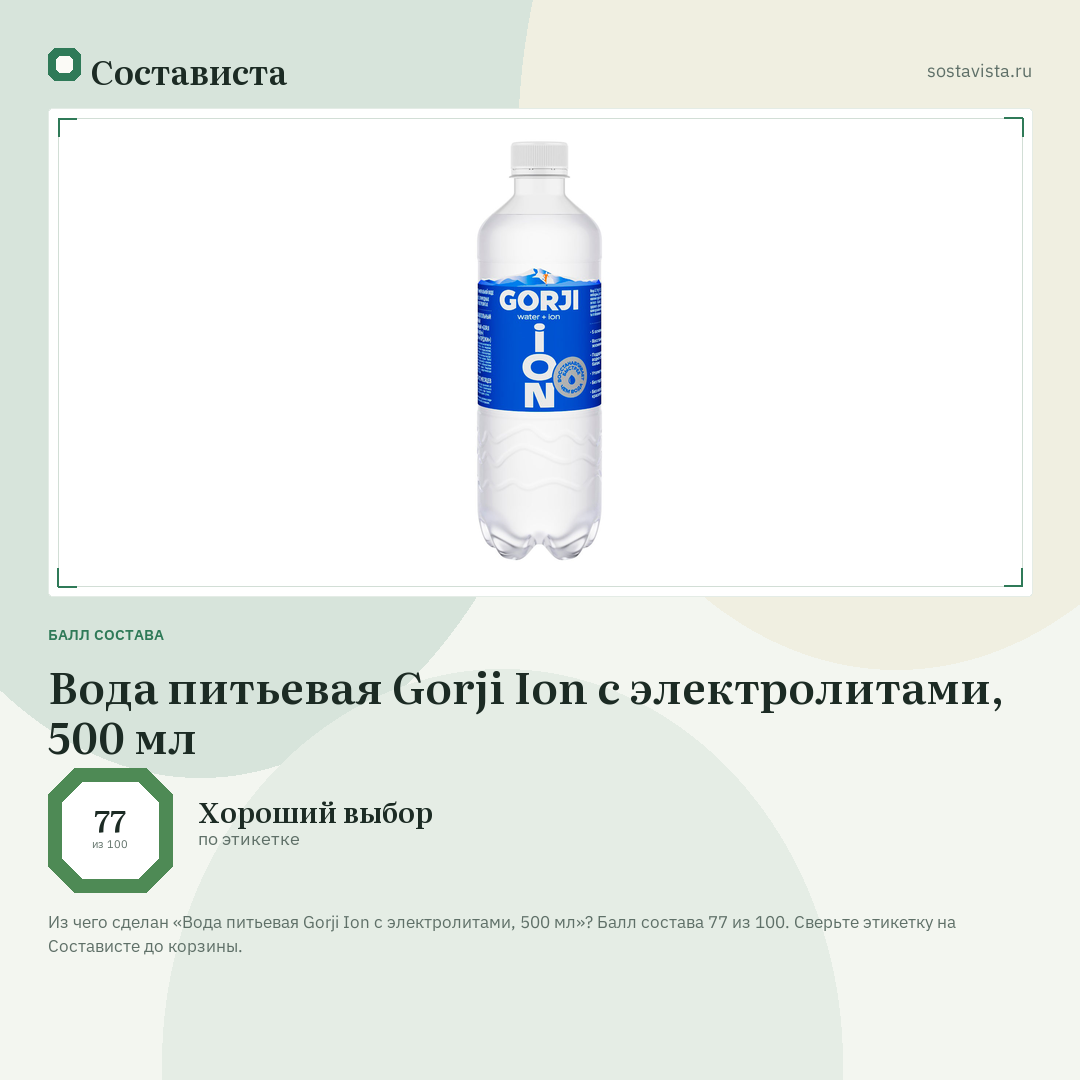 Вода питьевая Gorji Ion с электролитами, 500 мл: балл состава 77 из 100 — Состависта