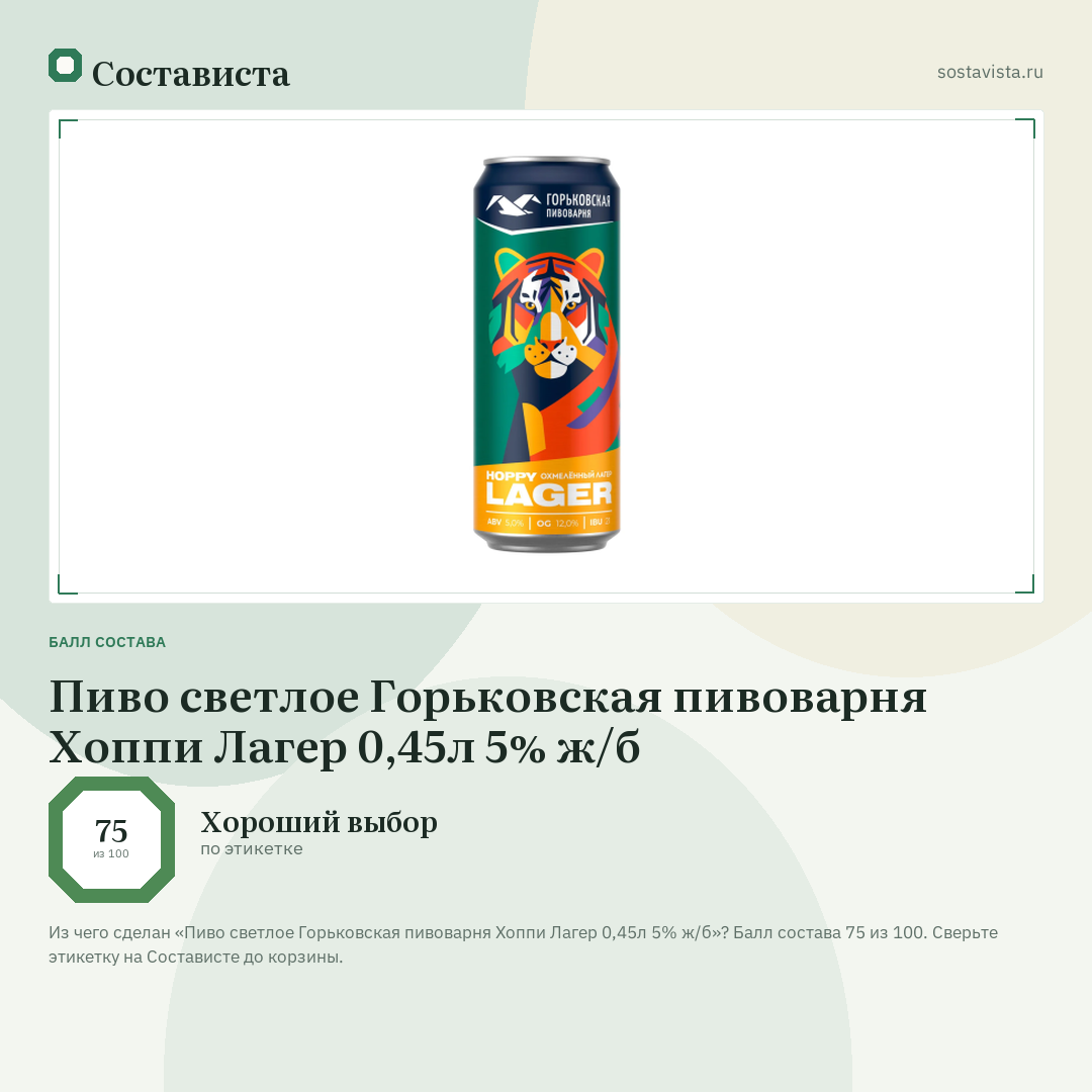 Пиво светлое Горьковская пивоварня Хоппи Лагер 0,45л 5% ж/б: балл состава 75 из 100 — Состависта