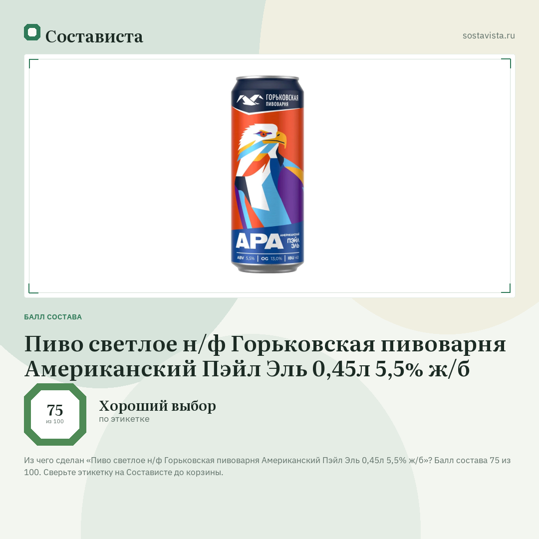 Пиво светлое н/ф Горьковская пивоварня Американский Пэйл Эль 0,45л 5,5% ж/б: балл состава 75 из 100 — Состависта
