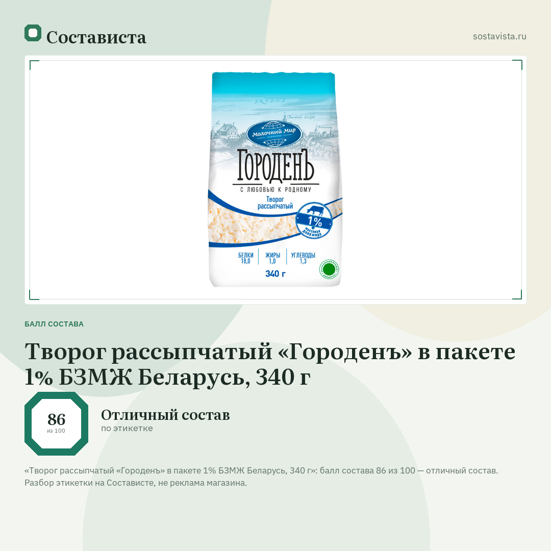 Творог рассыпчатый «Городенъ» в пакете 1% БЗМЖ Беларусь, 340 г: балл состава 86 из 100 — Состависта