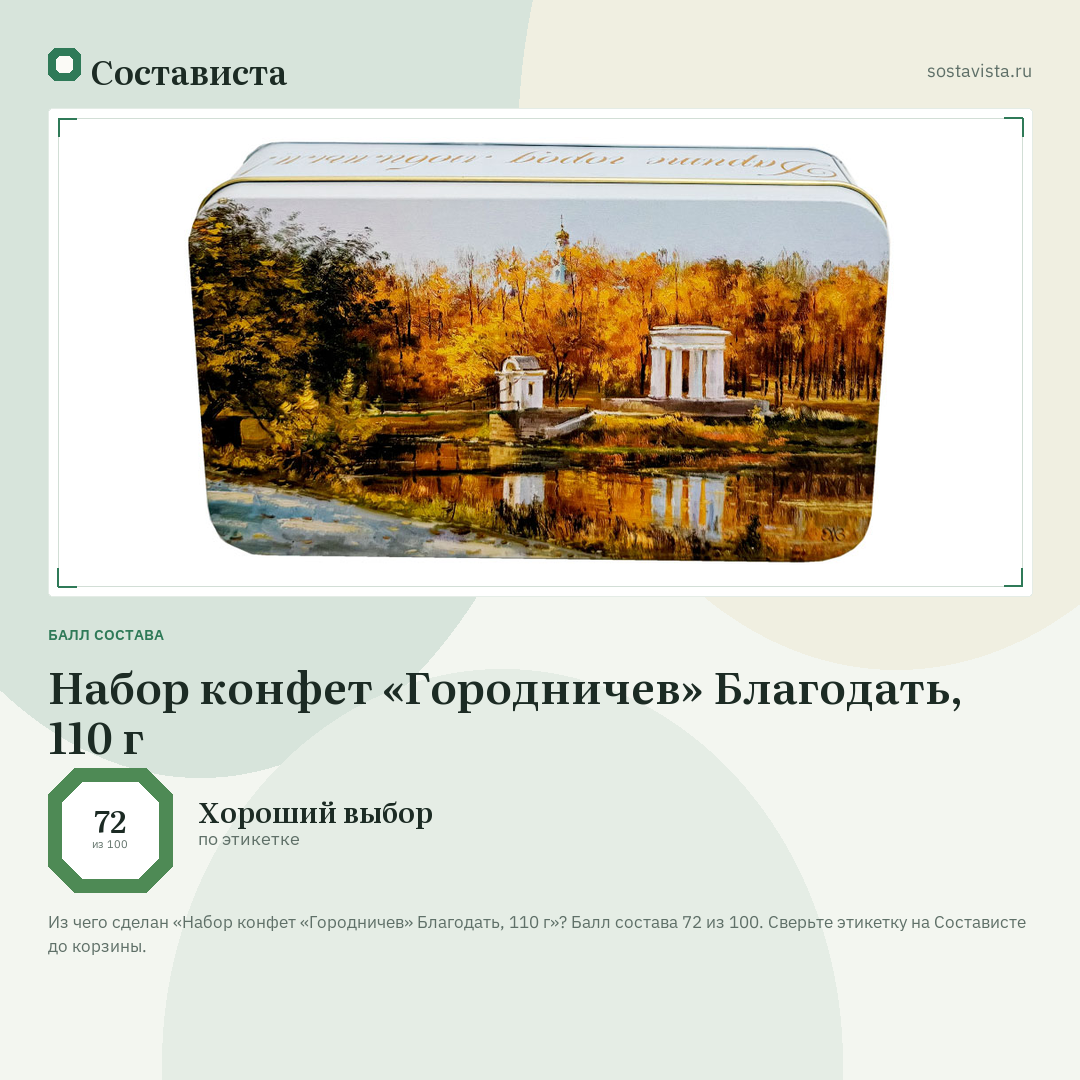 Набор конфет «Городничев» Благодать, 110 г: балл состава 72 из 100 — Состависта