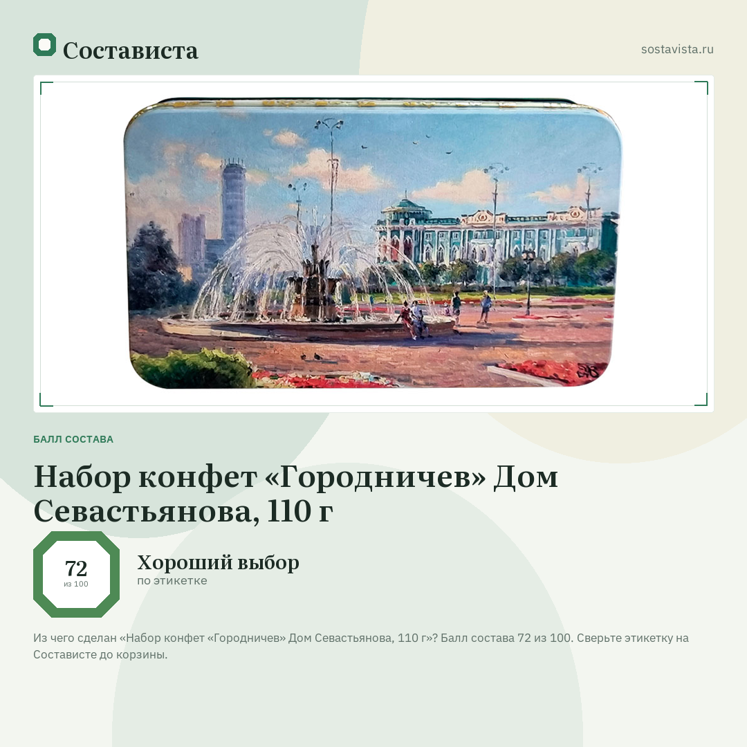 Набор конфет «Городничев» Дом Севастьянова, 110 г: балл состава 72 из 100 — Состависта