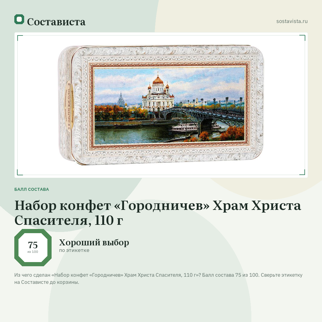 Набор конфет «Городничев» Храм Христа Спасителя, 110 г: балл состава 75 из 100 — Состависта