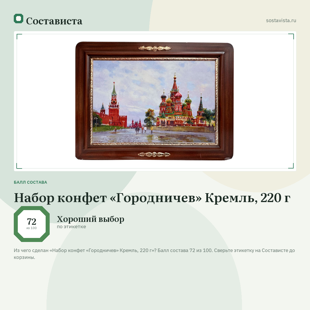 Набор конфет «Городничев» Кремль, 220 г: балл состава 72 из 100 — Состависта