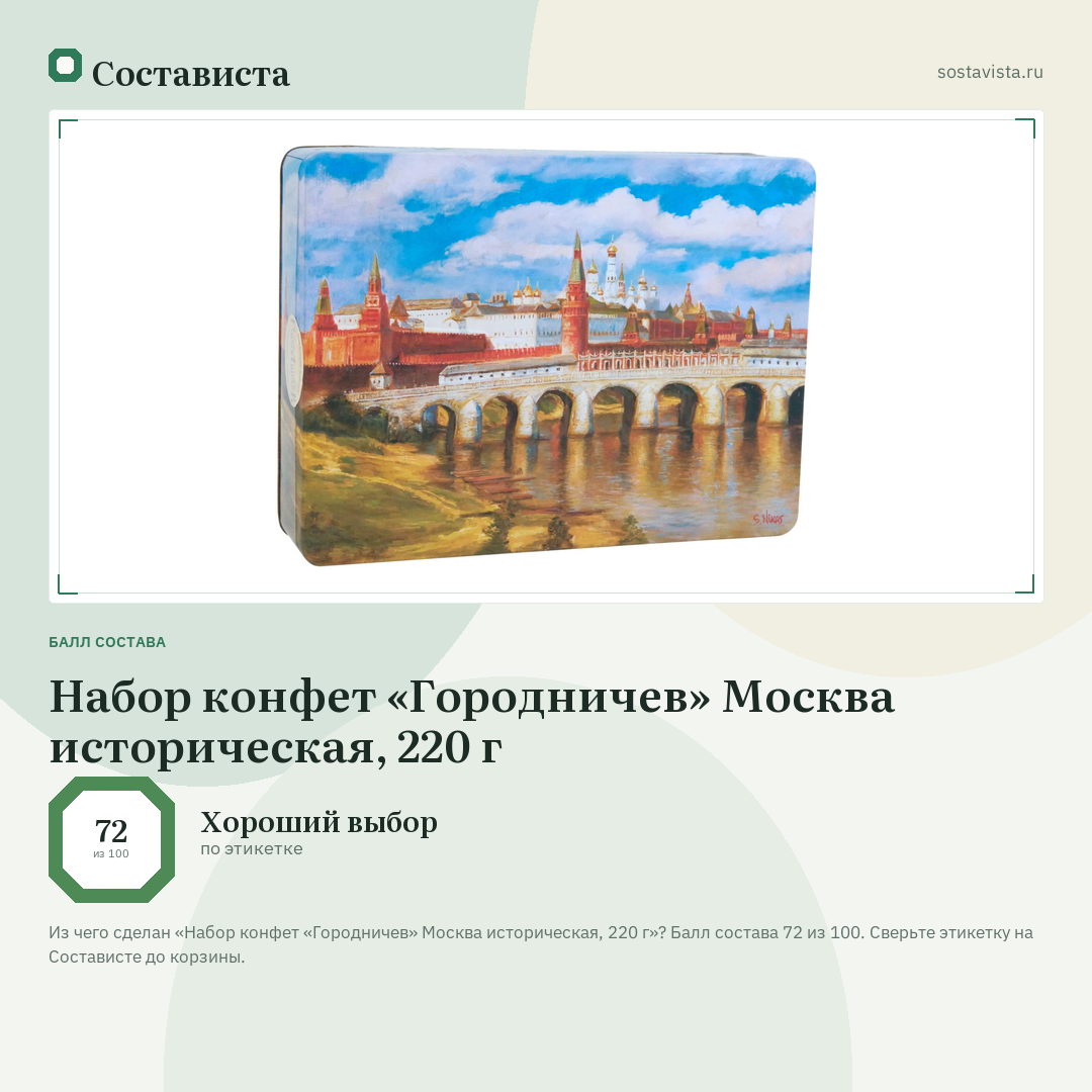 Набор конфет «Городничев» Москва историческая, 220 г: балл состава 72 из 100 — Состависта