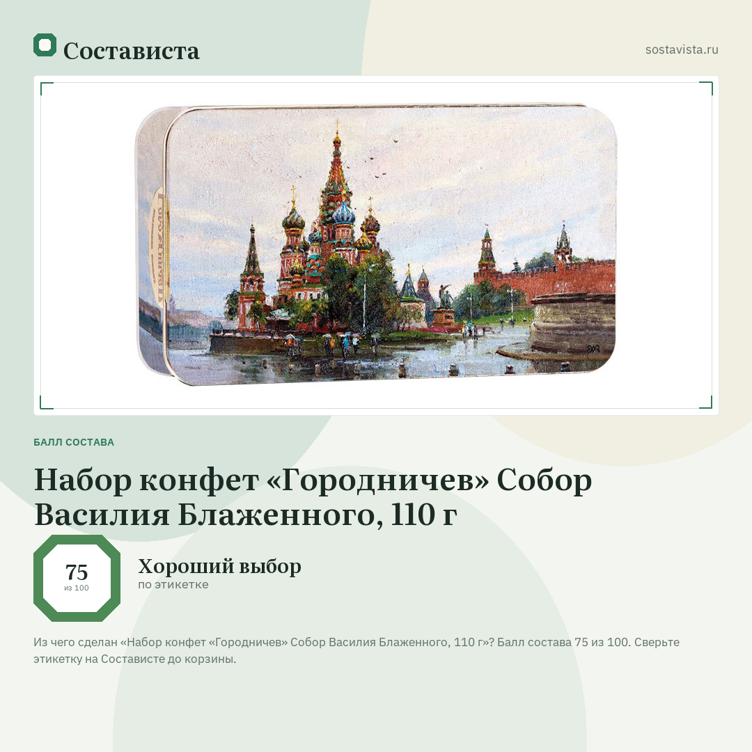Набор конфет «Городничев» Собор Василия Блаженного, 110 г: балл состава 75 из 100 — Состависта