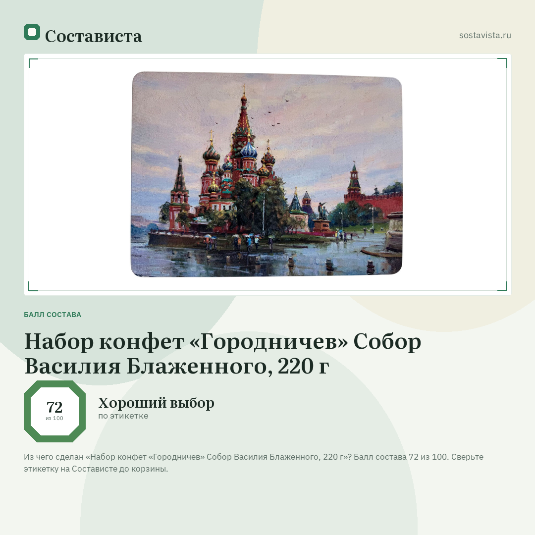 Набор конфет «Городничев» Собор Василия Блаженного, 220 г: балл состава 72 из 100 — Состависта