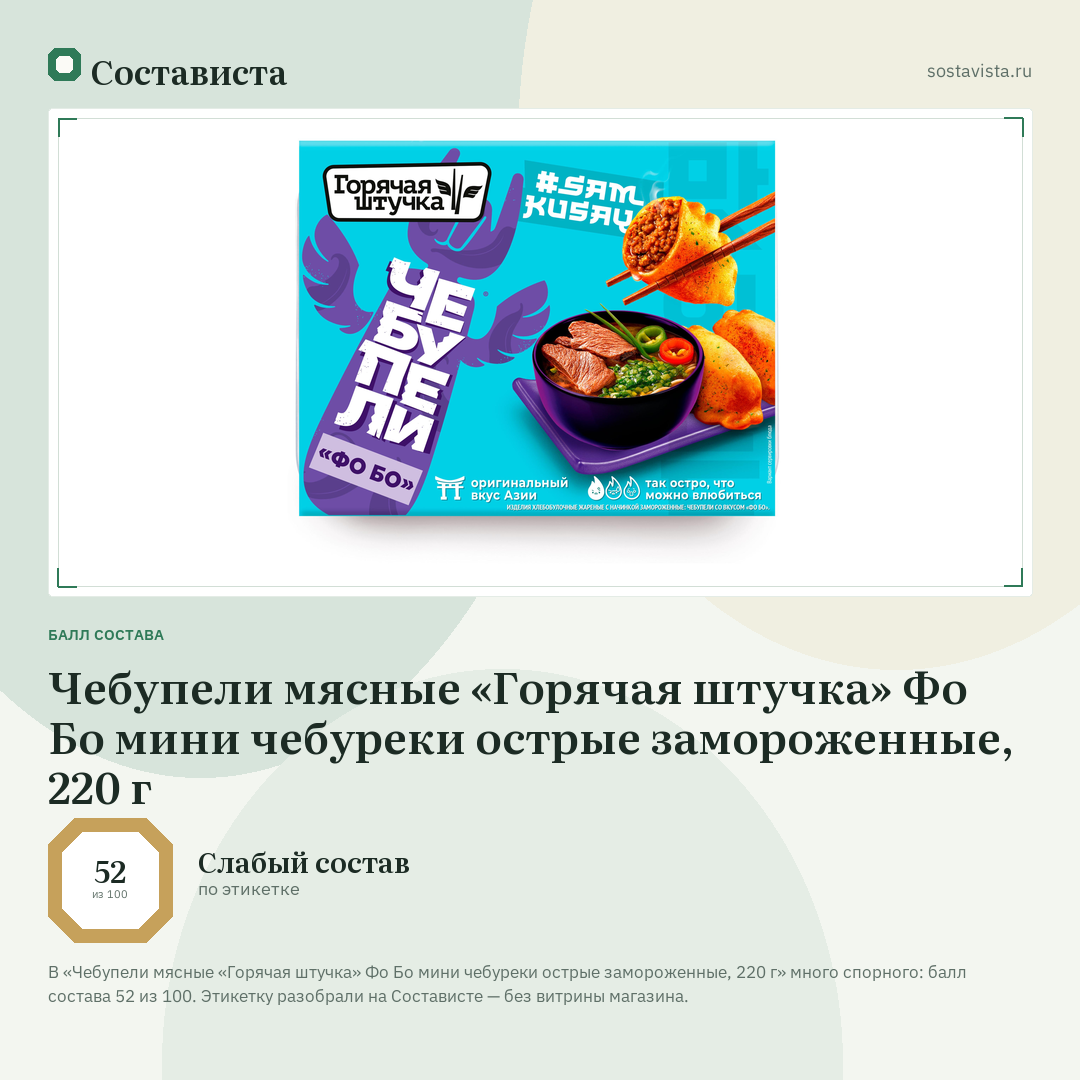 Чебупели мясные «Горячая штучка» Фо Бо мини чебуреки острые замороженные, 220 г: балл состава 52 из 100 — Состависта