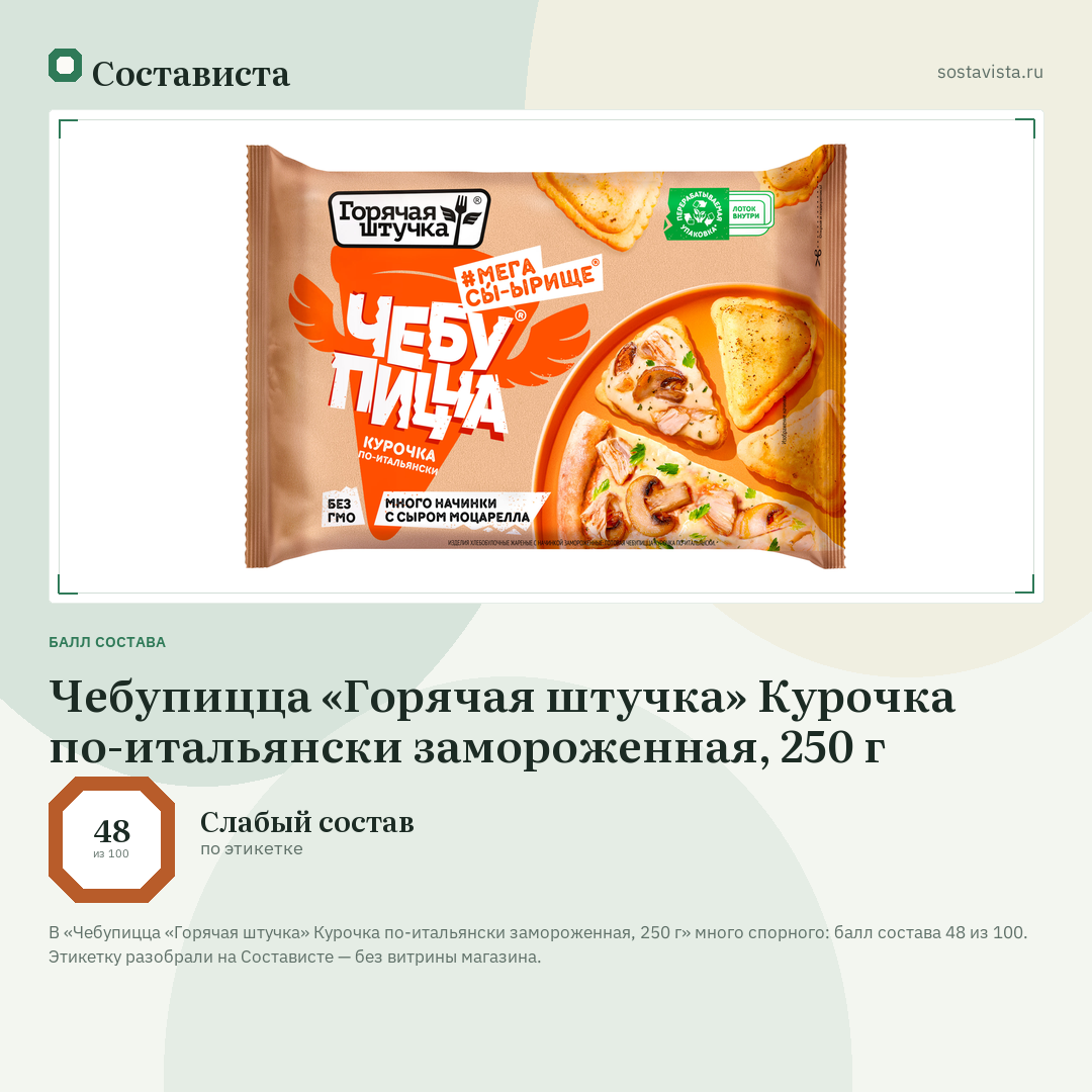 Чебупицца «Горячая штучка» Курочка по-итальянски замороженная, 250 г: балл состава 48 из 100 — Состависта
