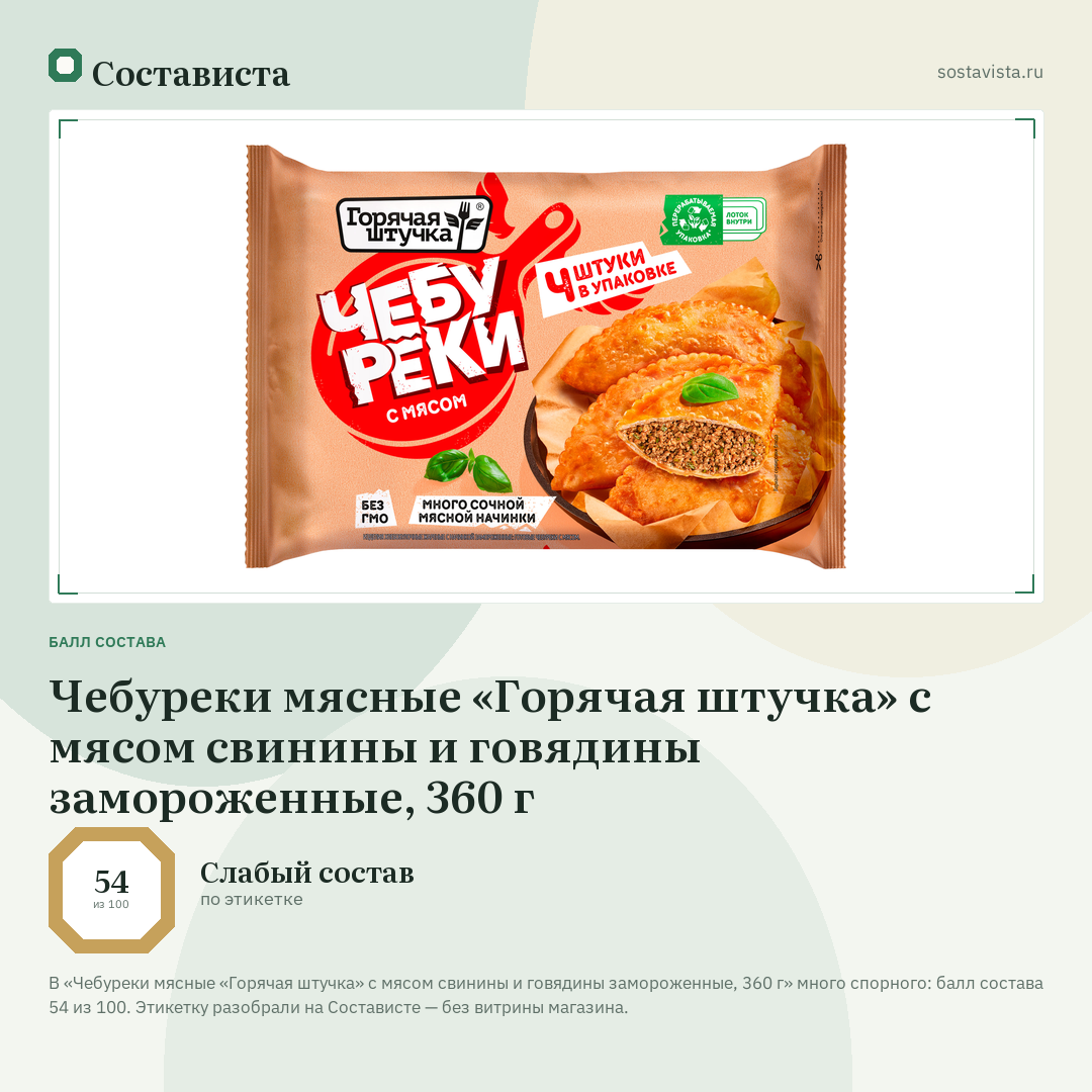Чебуреки мясные «Горячая штучка» с мясом свинины и говядины замороженные, 360 г: балл состава 54 из 100 — Состависта