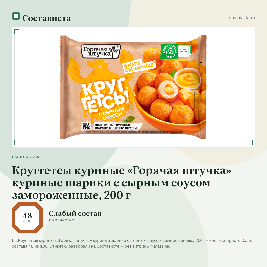 Круггетсы куриные «Горячая штучка» куриные шарики с сырным соусом замороженные, 200 г: балл состава 48 из 100 — Состависта